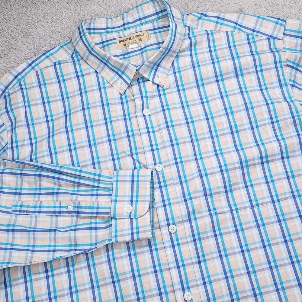 Duluth Trading WrinkleFigther Shirt Mens 2XL Blue Plaid Long Sleeve Button Down